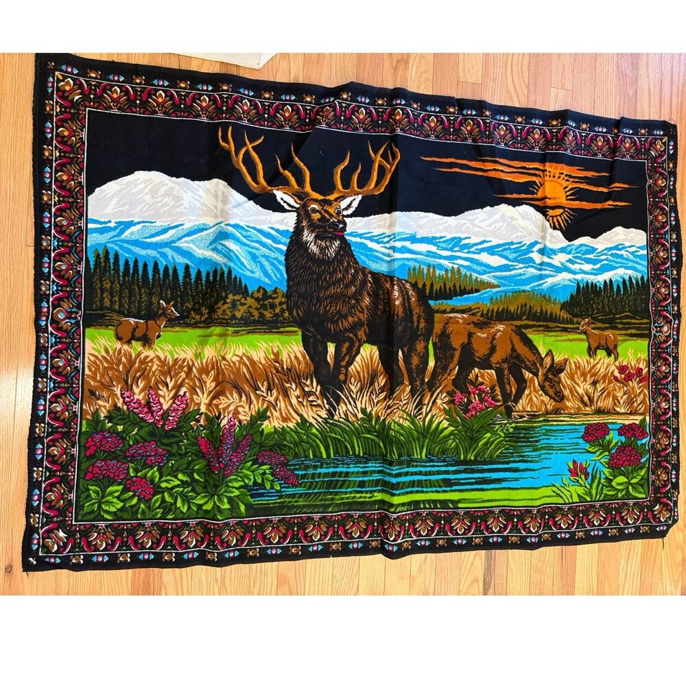 Vintage Elk Deer Wilderness Tapestry Wall Hanging 100% Cotton 56x39 Den Decor